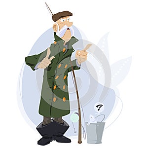 Fisherman with fishing rod. Man brags about fish he has caught. Illustration for internet and mobile website