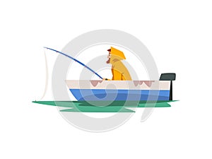 Fisherman Fishing with Rod in Motor Boat, Fishman Character in Raincoat and Rubber Boots Vector Illustration