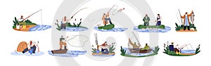 Fisherman fishing set. Fishers with rod, sport angler, net, bait from lake shore and on boat in river. People catching photo