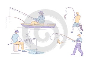 Fisherman fishing sport catching fish and angling isolated characters