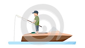 Fisherman is fishing standing with fishing rod in boat.