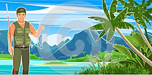 Fisherman fishing. Summer landscape. On the shore of the sea bay with a good catch. Tropical coastline with mountains