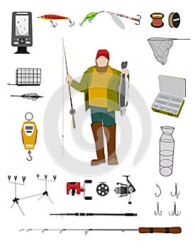 Fisherman and fishing tackle flat icon set