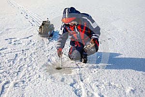 A fisherman is fishing with a winter spinning rod on a frozen lake