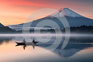 Fisherman and Fuji mountain at Kawaguchiko lake, Japan, Mt. Fuji or Fujisan with Silhouette three fishing people on boats and mist