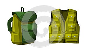 Fisherman Green Vest with Pockets and Backpack Vector Set