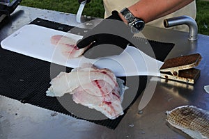 Fisherman hands with knife cleaning fish