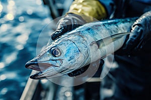 A fisherman holding a beautiful Wahu fish Ai photo