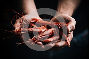 Fisherman holding red Prawns from Mazara Del Vallo. Gambero Rosso