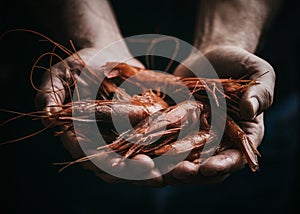 Fisherman holding red Prawns from Mazara Del Vallo. Gambero Rosso