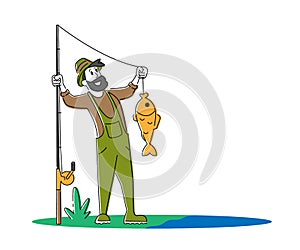 Fisherman Holding Rod Showing Fish he Caught. Fishing, Outdoor Relaxing Summertime Hobby. Fishman Have Good Catch