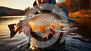 The fisherman holding a trout in hand in lake with mountain backrounds photo