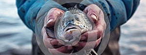 fisherman holds fish in his hands. Selective focus.