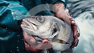 Fisherman holds fish in his hands. Selective focus.