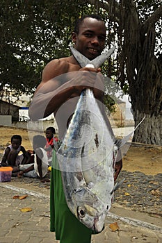 Fisherman with huge fish on the beach, island of mozambique