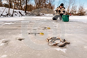 Fisherman on ice, winter fishing