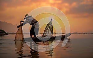 Fisherman of Lake in action when fishing