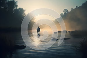 Fisherman by the lake at dawn. Neural network AI generated