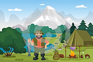 Fisherman on the lake holding fish vector illustration. Fishing and hiking sport or hobby on nature in summer. Camping