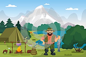 Fisherman on the lake holding fish vector illustration. Fishing and hiking sport or hobby on nature in summer. Camping