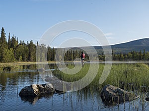 Fisherman man catching fish at lake Sjabatjakjaure in Beautiful sunny morning haze mist in Sweden Lapland nature. Mountains, birch