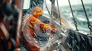 Fisherman in the midst of their toil, pulling nets full of the day\'s catch, effort and determination on their faces.