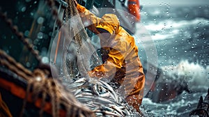 Fisherman in the midst of their toil, pulling nets full of the day\'s catch, effort and determination on their faces.