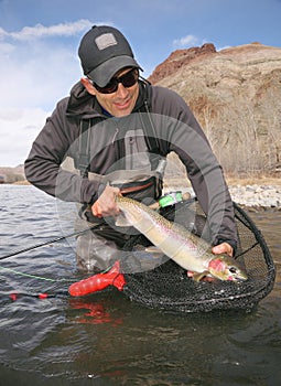 Fisherman pulling large trout out of net