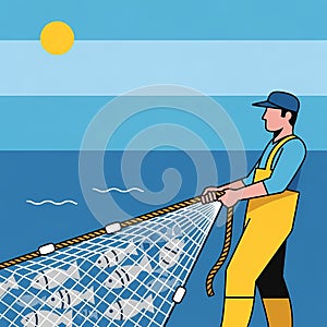 Fisherman Pulling Net with Catch Illustration
