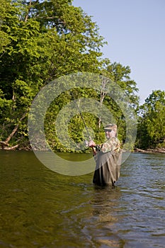 Fisherman pulls caught salmon.