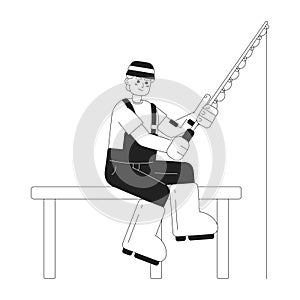 Fisherman reeling in fish on dock monochromatic flat vector character