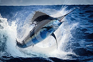 fisherman reeling in marlin after dramatic leap from the water