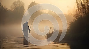 Fisherman with rod, spinning reel on the river bank. Sunrise. Fog against the backdrop of lake. background Misty morning. wild