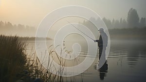 Fisherman with rod, spinning reel on the river bank. Sunrise. Fog against the backdrop of lake. Generative ai