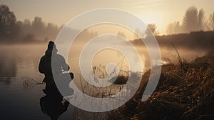 Fisherman with rod, spinning reel on the river bank. Sunrise. Fog against the backdrop of lake. Wild nature. Generative ai