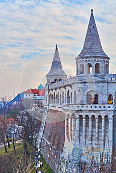 The Fisherman\'s Bastion against the sunset sky, Budapest, Hungary