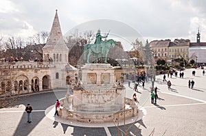 Fisherman`s Bastion with equestrian statue of St. Stephen in Budapest