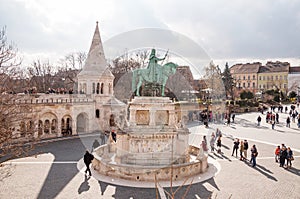 Fisherman`s Bastion with equestrian statue of St. Stephen in Budapest