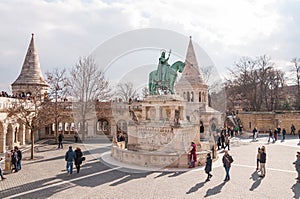 Fisherman`s Bastion with equestrian statue of St. Stephen in Budapest
