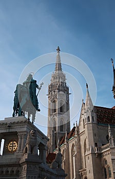 Fisherman's bastion with equestrian statue of St. Stephen in Budapest, vertical photo