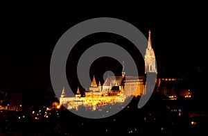 Fisherman`s Bastion / Matthias Church towers at night Budapest