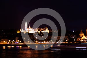 Fisherman's Bastion near Danube river at night