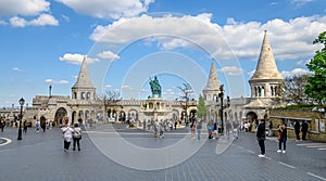 Fisherman`s Bastion and St. Stephen Statue in Budapest, Hungary