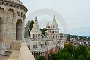 Fisherman`s Bastion and the statue of Stephen I. of Hungary and Matthias Church photo