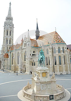 Fisherman`s Bastion and the statue of Stephen I. of Hungary and Matthias Church photo