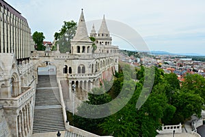 Fisherman`s Bastion and the statue of Stephen I. of Hungary and Matthias Church photo