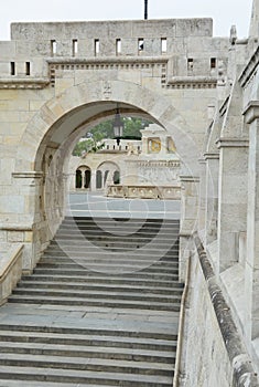 Fisherman`s Bastion and the statue of Stephen I. of Hungary and Matthias Church photo