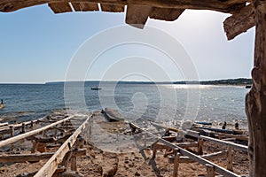 Fisherman`s docks Migjorn beach in Formentera in Spain