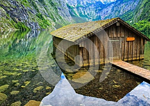 Fisherman's house on Konigsee lake in the Alps mountains, German