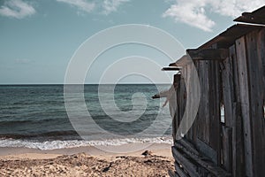 Fisherman`s house on Migjorn beach in Formentera, Spain in summer